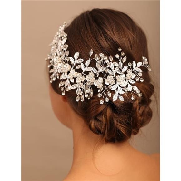 YERTTER Wedding Bridal Big Flower Vine Leaf Hair Band Rhinestone Headband Flower main image 4